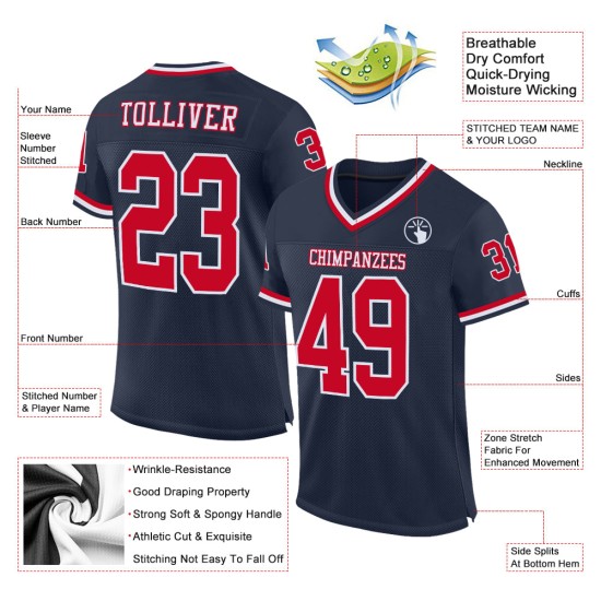 Mesh Throwback Custom Jersey Authentieke Marineblauwe Voetbal Rood-Wit Mesh Throwback Custom Jersey Authentieke Marineblauwe Voetbal Rood-Wit