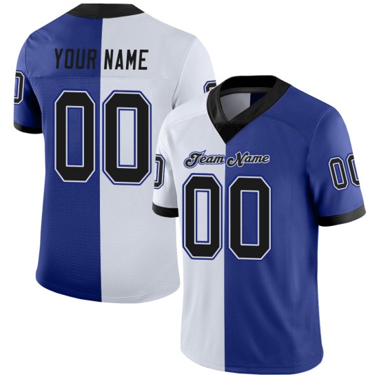 Zwart-wit mesh mode split royal jersey custom voetbalshirt Zwart-wit mesh mode split royal jersey custom voetbalshirt