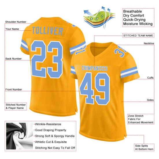 Custom Mesh Blauw-Wit Goud Authentiek Voetbalshirt Licht Custom Mesh Blauw-Wit Goud Authentiek Voetbalshirt Licht