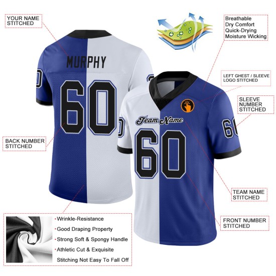 Zwart-wit mesh mode split royal jersey custom voetbalshirt Zwart-wit mesh mode split royal jersey custom voetbalshirt