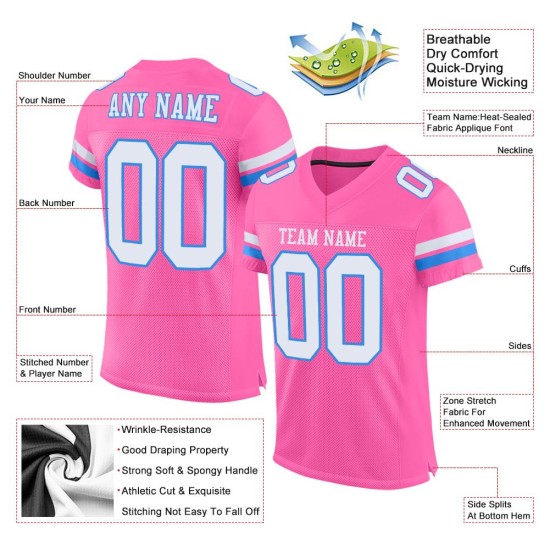 Voetbal Mesh Blauw Wit-Poeder Jersey Roze Authentiek Aangepast Voetbal Mesh Blauw Wit-Poeder Jersey Roze Authentiek Aangepast