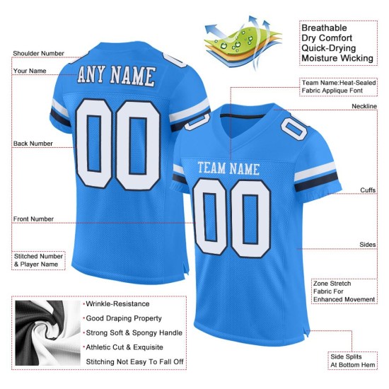 Wit-Marineblauw Mesh Poeder Jersey Voetbal Custom Authentic Blauw Wit-Marineblauw Mesh Poeder Jersey Voetbal Custom Authentic Blauw