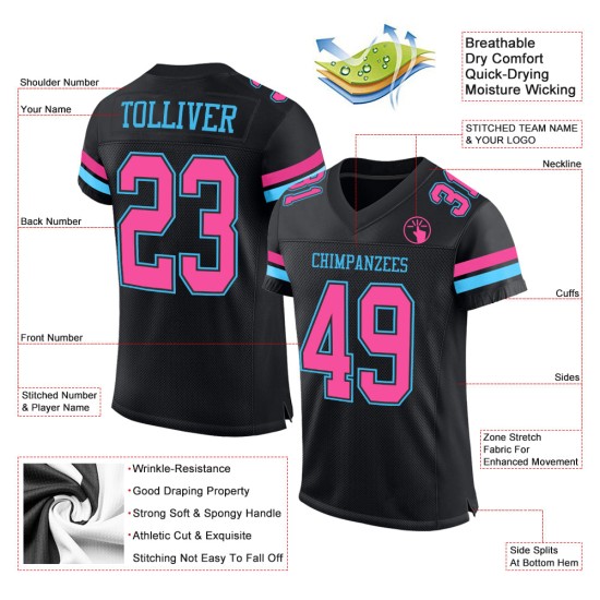 Custom Jersey Zwart Voetbal Mesh Roze-Sky Authentic Blue Custom Jersey Zwart Voetbal Mesh Roze-Sky Authentic Blue