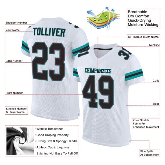 Wit authentiek mesh voetbal zwart-aqua custom jersey Wit authentiek mesh voetbal zwart-aqua custom jersey