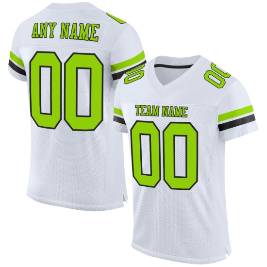 Op maat gemaakt wit voetbalshirt neon mesh groen-zwart authentiek Op maat gemaakt wit voetbalshirt neon mesh groen-zwart authentiek