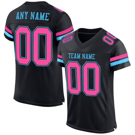 Custom Jersey Zwart Voetbal Mesh Roze-Sky Authentic Blue Custom Jersey Zwart Voetbal Mesh Roze-Sky Authentic Blue