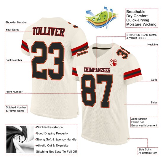 Voetbal Authentic Mesh Cream Jersey Custom Zwart-Rood Voetbal Authentic Mesh Cream Jersey Custom Zwart-Rood