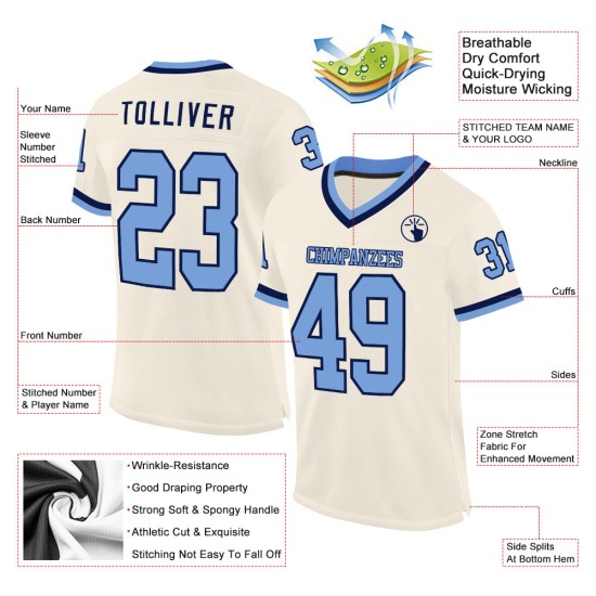 Jersey Throwback Light Authentieke Blauw-Marineblauwe Voetbalcrème Custom Mesh Jersey Throwback Light Authentieke Blauw-Marineblauwe Voetbalcrème Custom Mesh