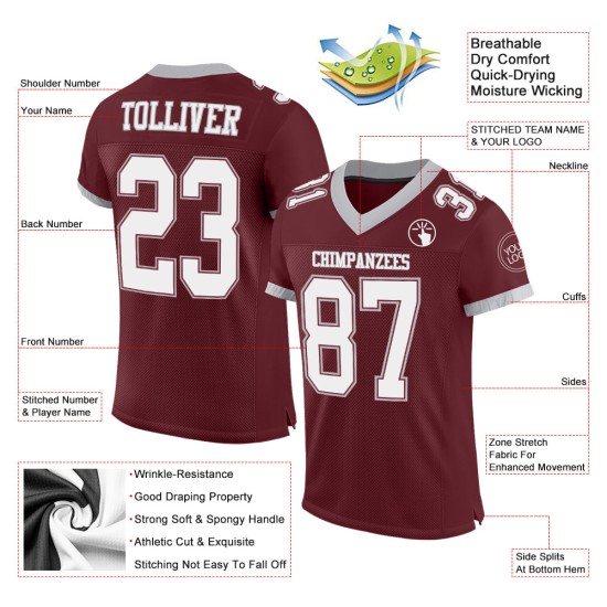 Bourgondië Mesh Custom Football Jersey Wit-Grijs Authentiek Bourgondië Mesh Custom Football Jersey Wit-Grijs Authentiek