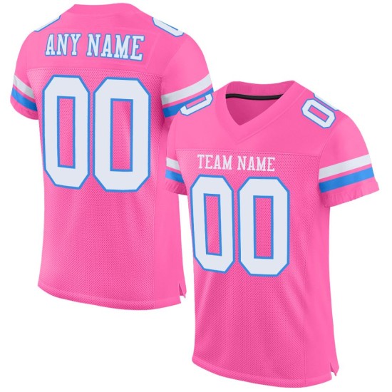 Voetbal Mesh Blauw Wit-Poeder Jersey Roze Authentiek Aangepast Voetbal Mesh Blauw Wit-Poeder Jersey Roze Authentiek Aangepast