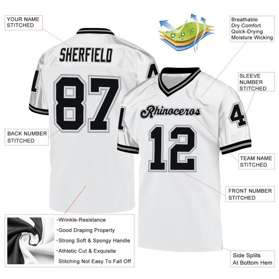 Throwback Zwart-Grijs Voetbal Custom Authentic Wit Mesh Jersey Throwback Zwart-Grijs Voetbal Custom Authentic Wit Mesh Jersey